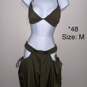Olive Green Two-Piece Bikini Top and Cutout Pants Set